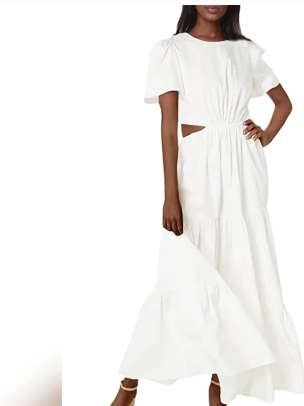 WAYF Plaza Cutout Tiered Maxi Dress in Ivory White Puff Sleeve XS - Picture 5 of 5